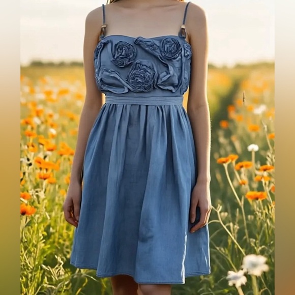 Casual Floral Design High Waist Babydoll Spaghetti Strap Denim Short Midi Dress - Picture 1 of 8